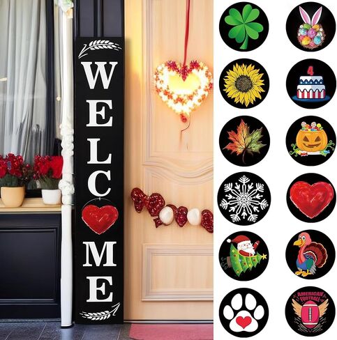 Wind Resistant Long Welcome Sign for Front Door Porch Standing, Interchangeable Wood Door Signs Welcome Door Decors for Home Outdoors, with 12 Seasonal Hangers Welcoming every Seasons in Saudi Arabia