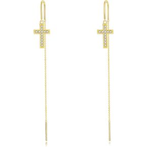 Pull Through Threader Earrings 14k/18K Real Solid Gold Long Piercing Long Pearl/Opal/Ball/Star/Cross/Twist/Teardrop Tassel Dangle Ear Line Eardrop Earrings Jewelry Gifts