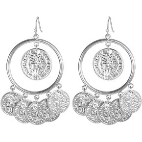 FAMARINE Vintage Tribal Chandelier Portrait Coins Hoop Drop Earrings for Women Costume Jewelry