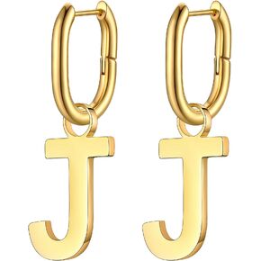 Bestyle Hypoallergenic Initial Dangle Earrings for Women, Chunky U-shape Huggie Hoops with 26 Letters, Stainless Steel in Silver/Gold/Black Tone, High Street Monogram Jewelry for Women Girls