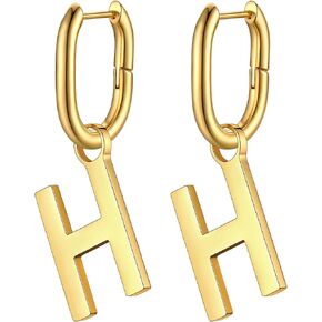 Bestyle Hypoallergenic Initial Dangle Earrings for Women, Chunky U-shape Huggie Hoops with 26 Letters, Stainless Steel in Silver/Gold/Black Tone, High Street Monogram Jewelry for Women Girls