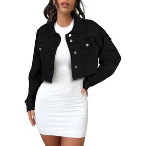 andy & natalie Women's Cropped Jean Jacket Fashion Frayed Hem Denim Jacket Long Sleeve Dressy Button Down Outfit Jackets
