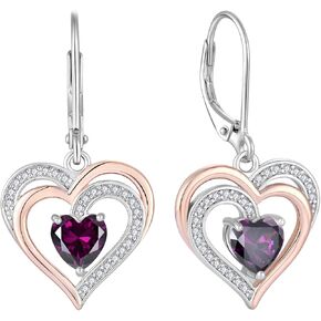 Raymard Heart Leverback Earrings for Womens, 925 Sterling Silver Dangle Drop Heart Cut Birthstone Jewelry for Women