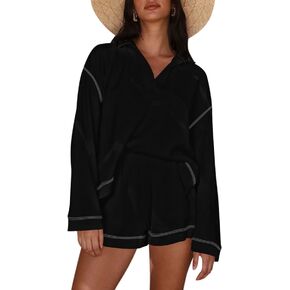 Pink Queen Women's 2023 Fall Casual Waffle Knit Long Sleeve Lounge Sets Casual Top and Shorts 2 Piece Outfits Sweatsuit