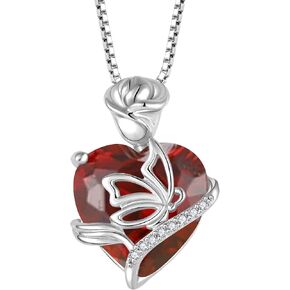 FJ Heart Rose Butterfly Birthstone Necklace, Sterling Silver Heart Pendant Created Gemstone Dainty Jewelry, Mothers Day Graduation Birthday Christmas Anniversary Love Gifts for Women Girls Her