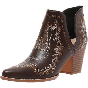SelRoys Cowboy Boots for Women Cowgirl Ankle Western Embroidered Stitched Pointed Toe Cutout Chunky Heels Short Booties Red Brown Black US5-11