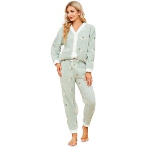 LYCY Womens Fuzzy Plush Pajama Set, Soft Warm Fleece Pajama for Women Cute Long Embroidered 2 Piece Sleepwears in Kuwait