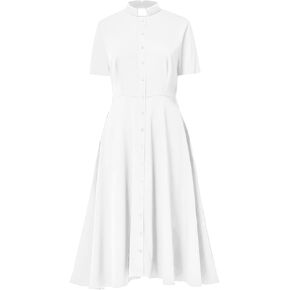 FAD-4U Church Clergy Dress for Women Short Sleeve Rows Buttons A Line Dress with Tab Collar