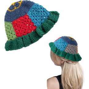 OSOPLAY Women Crochet Bucket Hat Knitted Color Matching Fishing Hats Wide Brim Sun Cap