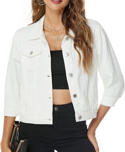 Ladyful Women's Lapel Denim Jacket 3/4 Sleeve Button Down Trucker Moto Jean Coat Outerwear in Saudi Arabia