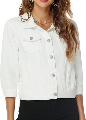 Ladyful Women's Lapel Denim Jacket 3/4 Sleeve Button Down Trucker Moto Jean Coat Outerwear in Saudi Arabia