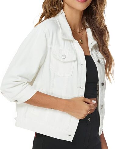 Ladyful Women's Lapel Denim Jacket 3/4 Sleeve Button Down Trucker Moto Jean Coat Outerwear in Saudi Arabia