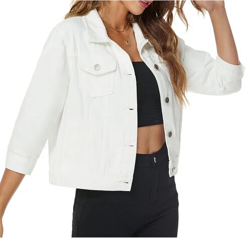 Ladyful Women's Lapel Denim Jacket 3/4 Sleeve Button Down Trucker Moto Jean Coat Outerwear in Saudi Arabia