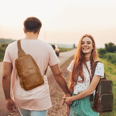 حقيبة كتف من S-ZONE للرجال والنساء مزودة بخاصية تحديد الهوية بموجات الراديو (RFID) من الجلد الطبيعي وحقيبة كتف على الظهر والمشي لمسافات طويلة والسفر in Kuwait