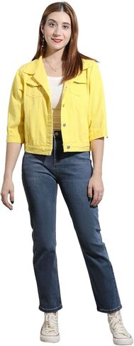 loveimgs Women Casual 3/4 Sleeve Button Down Cropped Denim Jean Jacket Motorcycle Short Jacket in Kuwait