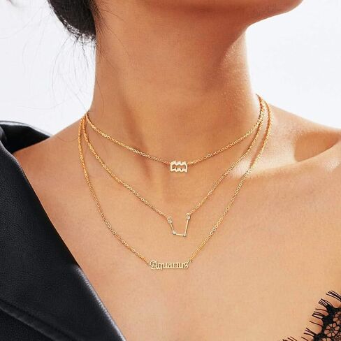 pantide 3pcs كوكبة زودياك طبقة القلائد للنساء الفتيات، الرجعية 14 كيلو مطلية بالذهب 12 كوكبة قلادة قلادة رائعة رسالة برجك الإنجليزية القديمة علامة زودياك المجوهرات هدية عيد ميلاد in Kuwait