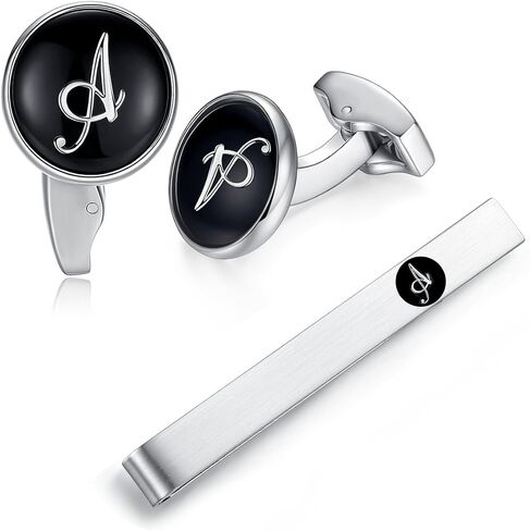 HONEY BEAR Initial Letter Alphabet Cufflinks & Tie Clips Set – Stainless Steel for Wedding Business Gift Men's Shirt Black in Kuwait