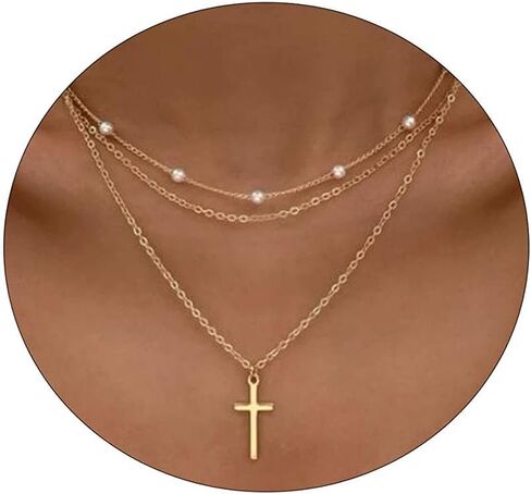 Tasiso الصليب قلادة للنساء 14K مطلية بالذهب لذيذ الطبقات الصليب مشبك ورق سلسلة قلادة قلادة مجموعة أفقية جانبية الصليب قلادة الحد الأدنى العصرية هدايا المجوهرات in Kuwait