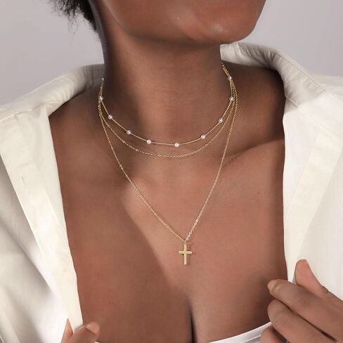 Tasiso الصليب قلادة للنساء 14K مطلية بالذهب لذيذ الطبقات الصليب مشبك ورق سلسلة قلادة قلادة مجموعة أفقية جانبية الصليب قلادة الحد الأدنى العصرية هدايا المجوهرات in Kuwait