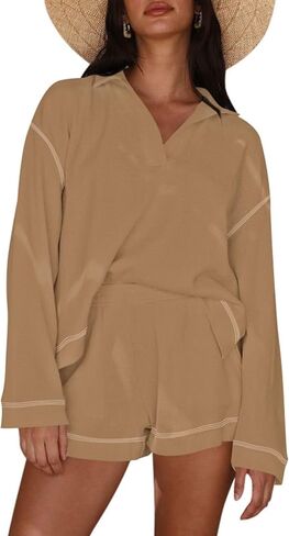 Pink Queen Women's 2023 Fall Casual Waffle Knit Long Sleeve Lounge Sets Casual Top and Shorts 2 Piece Outfits Sweatsuit in Saudi Arabia