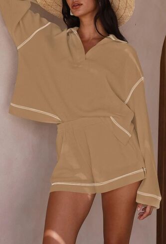 Pink Queen Women's 2023 Fall Casual Waffle Knit Long Sleeve Lounge Sets Casual Top and Shorts 2 Piece Outfits Sweatsuit in Saudi Arabia