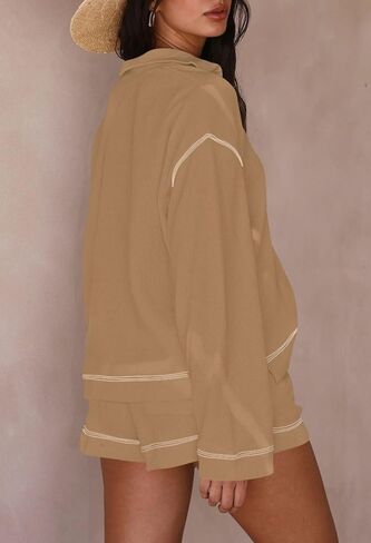 Pink Queen Women's 2023 Fall Casual Waffle Knit Long Sleeve Lounge Sets Casual Top and Shorts 2 Piece Outfits Sweatsuit in Saudi Arabia