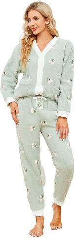LYCY Womens Fuzzy Plush Pajama Set, Soft Warm Fleece Pajama for Women Cute Long Embroidered 2 Piece Sleepwears in Kuwait