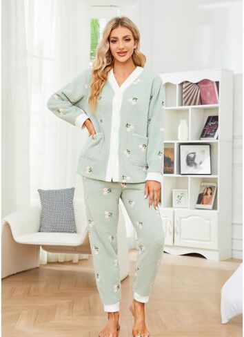 LYCY Womens Fuzzy Plush Pajama Set, Soft Warm Fleece Pajama for Women Cute Long Embroidered 2 Piece Sleepwears in Kuwait