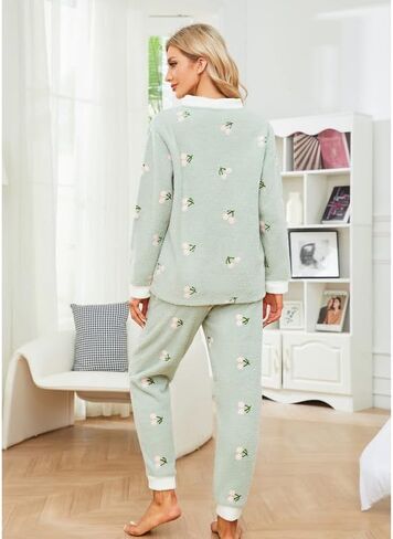 LYCY Womens Fuzzy Plush Pajama Set, Soft Warm Fleece Pajama for Women Cute Long Embroidered 2 Piece Sleepwears in Kuwait