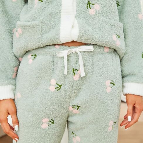 LYCY Womens Fuzzy Plush Pajama Set, Soft Warm Fleece Pajama for Women Cute Long Embroidered 2 Piece Sleepwears in Kuwait
