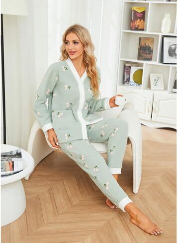 LYCY Womens Fuzzy Plush Pajama Set, Soft Warm Fleece Pajama for Women Cute Long Embroidered 2 Piece Sleepwears in Kuwait