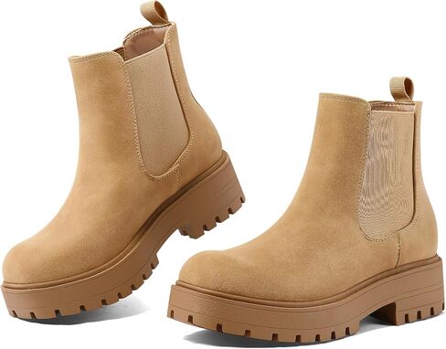 mysoft Women's Chelsea boots Low Heel Slip On Lug Sole Elastic Ankle Booties in Saudi Arabia