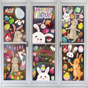 95 Pieces Easter Decorations Window Clings Window Stickers Easter Egg Rabbit Gnome Window Glass Wall Door Painting Decals 9 Sheets