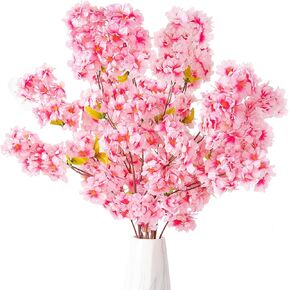 Floralsecret Artificial Cherry Blossom Flowers 4 Branches, 42.25 Inch in White Silk Cherry Blossom for Home Garden Wedding Table Centrepiece Party Event Spring Decor