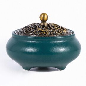 Coil Incense Burner. Ceramic Incense Cone Bowl with Metal lid + Calabash Incense Rack + Fireproof Cotton.Use for Stick/Coil Incense/Sage Cones/Frankincens.(Black)
