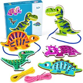 Atoylink 5 Pack Dinosaur Lacing Cards Wooden Threading Lacing Toy for Toddlers Travel Toys Preschool Games Fine Motor Skills Educational Toys for 3+ Year Old Kids Gifts in Kuwait