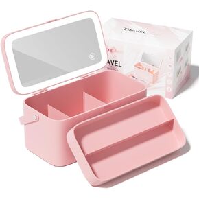 Bdjso Makeup Box with Mirror - Makeup Organizer with Mirror and Light,Portable Makeup Case Cosmetic Box Rechargeable with 3 Color Mode and DIY Partitions for Women Girls Gifts(Pink B) in Saudi Arabia