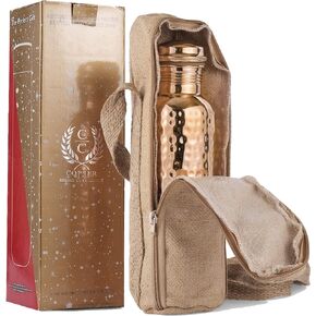 Copper Cure Pure Copper Water Bottle with an Exclusive Bottle Jute Bag- Solid Copper Handcrafted Hammered Bottle, Capacity 34 Oz/1000 ml Copper Bottle for Home, Office, Hotel and Gifting in Saudi Arabia