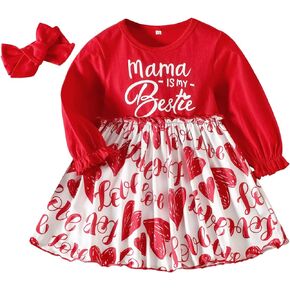 Camidy Baby Girl Dress Infant Girls Long Sleeve Casual Dress Toddler Heart Print A-Line Dress with Bowknot Headband Red in Kuwait
