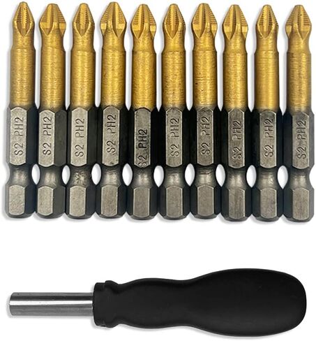 10 Pack Titanium Anti Slip Phillips Cross Slot Screwdriver Drill Bit Set,DanziX 1/4 Inch Hex Shank with 1 Pack Handle S2 Steel PH2#2 with Magnetic for Power Screwdriver Drill Impact Driver in Kuwait
