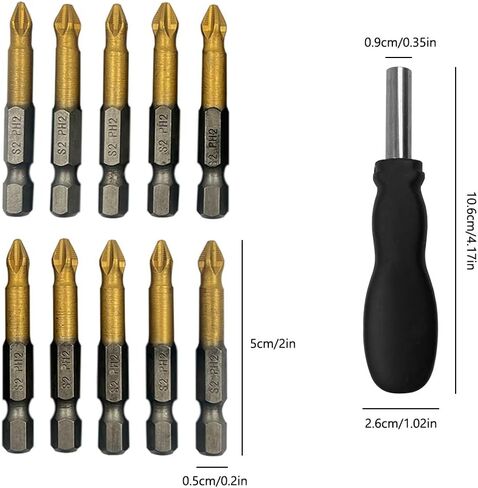 10 Pack Titanium Anti Slip Phillips Cross Slot Screwdriver Drill Bit Set,DanziX 1/4 Inch Hex Shank with 1 Pack Handle S2 Steel PH2#2 with Magnetic for Power Screwdriver Drill Impact Driver in Kuwait