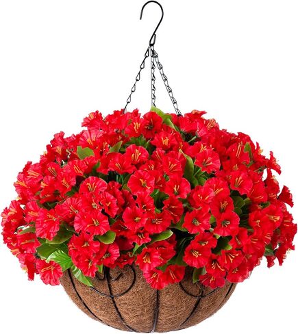 Artificial Fake Hanging Flowers with Basket for Outdoors, Faux Petunias Flowers Fake Hanging Plants with Eucalyptus Realistic UV Resistant for Patio Garden Porch Balcony Yard Decor(Double Purple) in Saudi Arabia