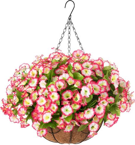 Artificial Fake Hanging Flowers with Basket for Outdoors, Faux Petunias Flowers Fake Hanging Plants with Eucalyptus Realistic UV Resistant for Patio Garden Porch Balcony Yard Decor(Double Purple) in Saudi Arabia
