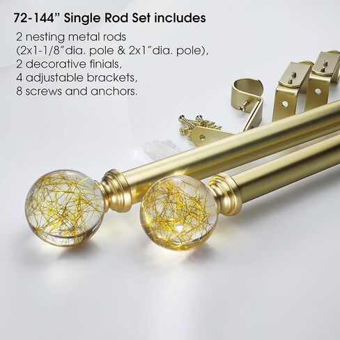 مجموعة قضبان ستائر فردية من ILAISIHOME: قضبان ستائر ذهبية قابلة للتعديل بقطر 1-1/8 بوصة مع خطوط ذهبية شفافة نهائية، 72-144 بوصة، قضيب ستائر ذهبي فردي قياسي لحزمة واحدة in Kuwait
