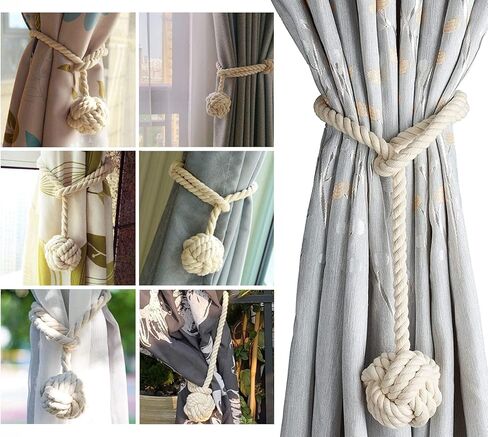 قطعتان من أربطة الستائر - حبال ستائر، حبال ستائر مصنوعة يدويًا، حبال ستائر ذات عقدة تزيينية ريفية (بيج) in Kuwait