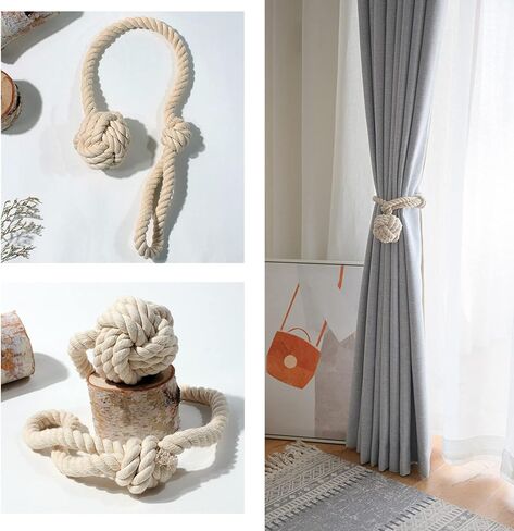 قطعتان من أربطة الستائر - حبال ستائر، حبال ستائر مصنوعة يدويًا، حبال ستائر ذات عقدة تزيينية ريفية (بيج) in Kuwait