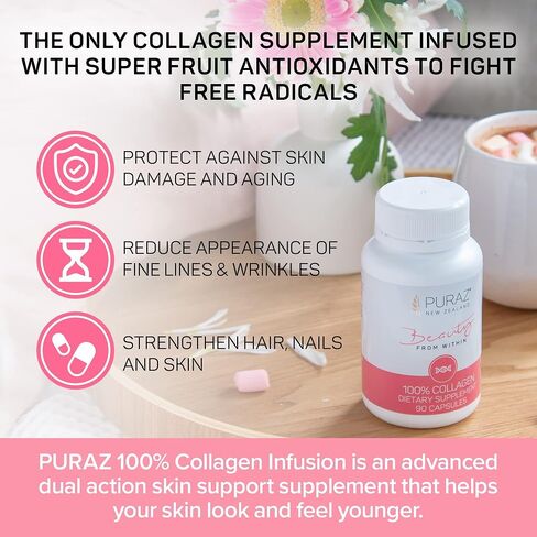 PURAZ Collagen Peptides Supplements - Infused with Antioxidants from New Zealand Super Fruits - Experience Younger Looking Skin and Hair & Nail Growth - Multi Collagen Pills for Women - 90 Capsules in Saudi Arabia