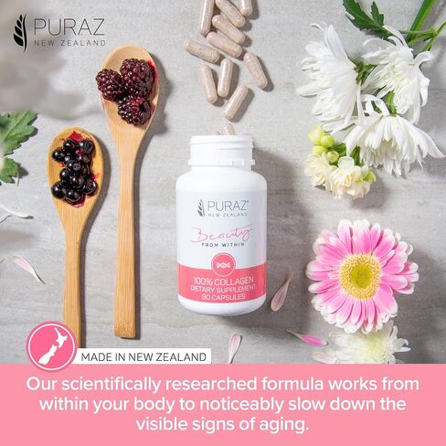 PURAZ Collagen Peptides Supplements - Infused with Antioxidants from New Zealand Super Fruits - Experience Younger Looking Skin and Hair & Nail Growth - Multi Collagen Pills for Women - 90 Capsules in Saudi Arabia