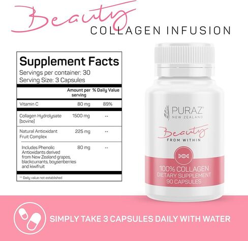 PURAZ Collagen Peptides Supplements - Infused with Antioxidants from New Zealand Super Fruits - Experience Younger Looking Skin and Hair & Nail Growth - Multi Collagen Pills for Women - 90 Capsules in Saudi Arabia