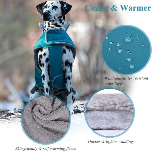 VIVAGLORY معطف الكلب للطقس البارد، عاكس للثلوج ومقاوم للرياح، ملابس شتوية سميكة ودافئة للكلاب مع ياقة فروي، ملابس حيوانات أليفة مريحة وقابلة للتعديل مقاومة للماء للكلاب المتوسطة، فيروزي، مقاس M in Kuwait
